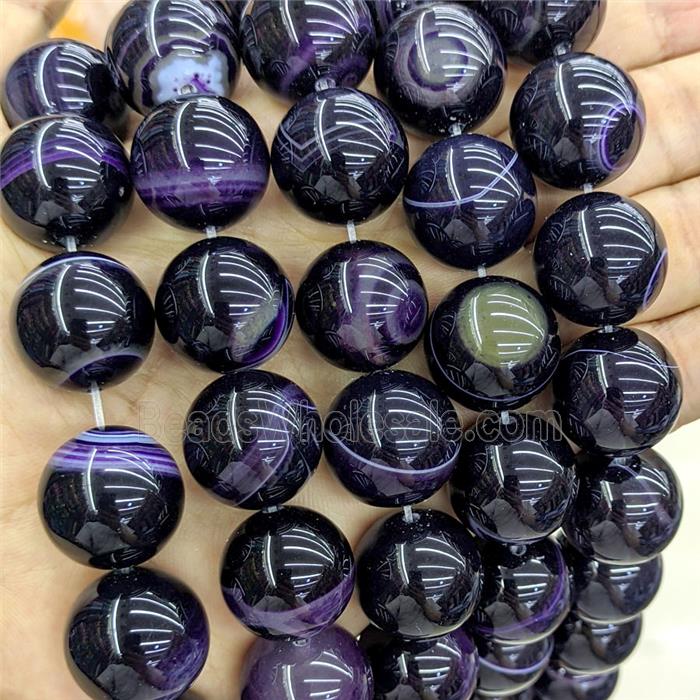 Natural Purple Stripe Agate Beads Banded Dye Smooth Round