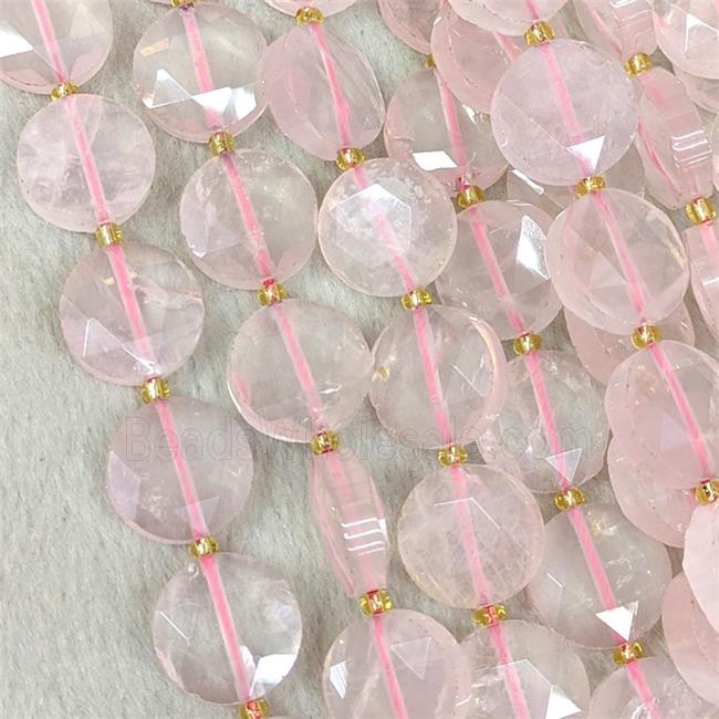 Natural Pink Rose Quartz Beads Faceted Coin