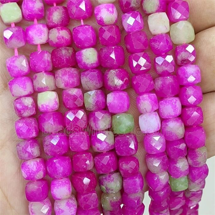 Hotpink Dye Jade Beads Faceted Cube