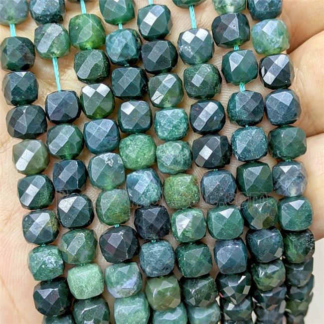 Natural Green Moss Agate Beads Faceted Cube