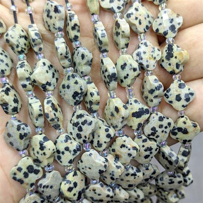 Natural Black Dalmatian Jasper Clover Beads Faceted