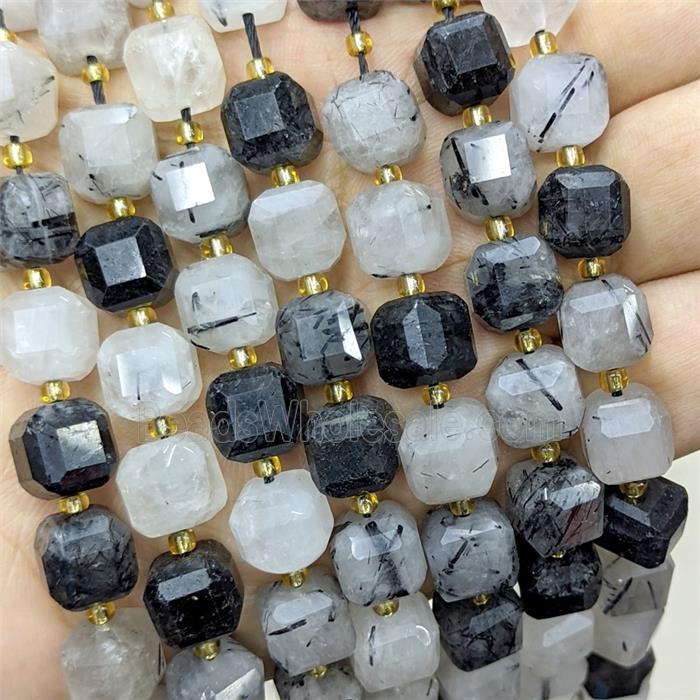Natural Black Rutilated Quartz Beads Faceted Cube