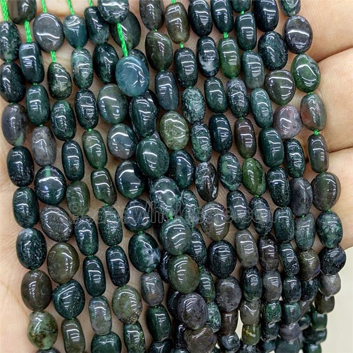 Natural Green Moss Agate Oval Beads