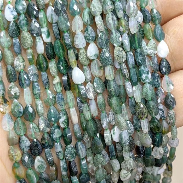 Natural Green Moss Agate Teardrop Beads Faceted