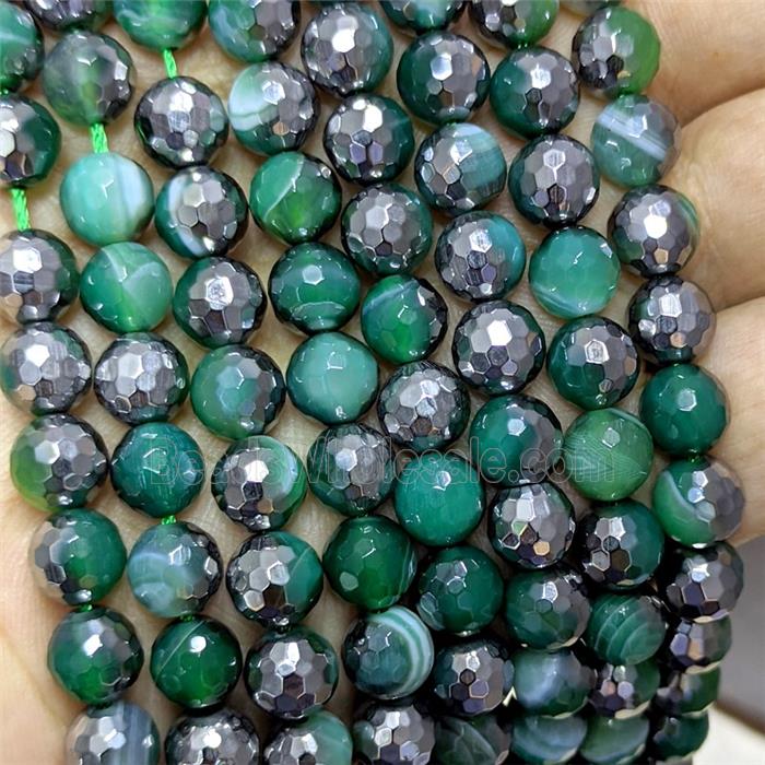Natural Green Striped Agate Beads Banded Dye Half Silver Electroplated