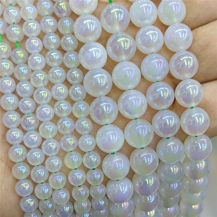 White Agate Beads Smooth Round AB-Color Electroplated