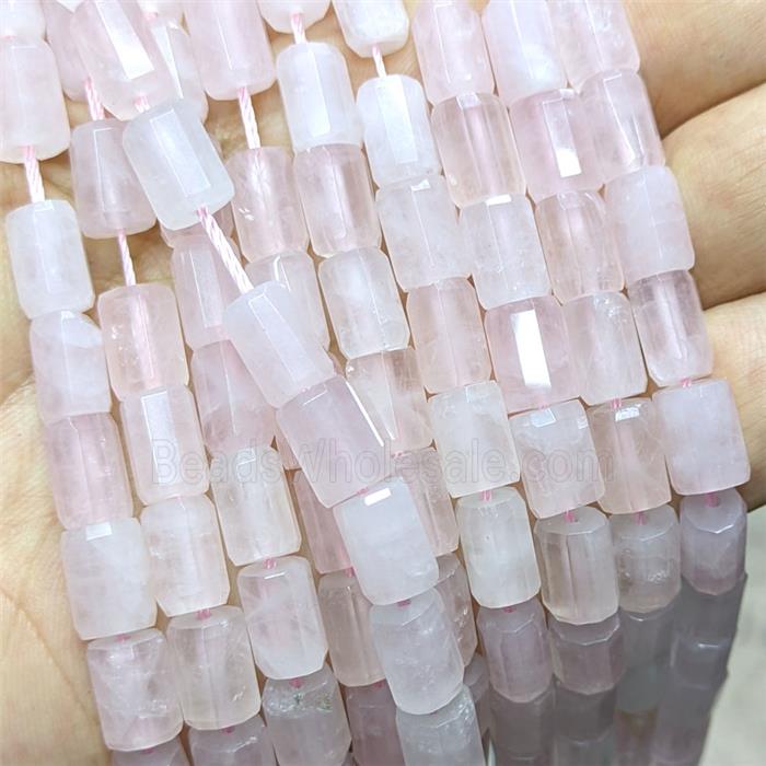 Natural Pink Rose Quartz Tube Beads Faceted