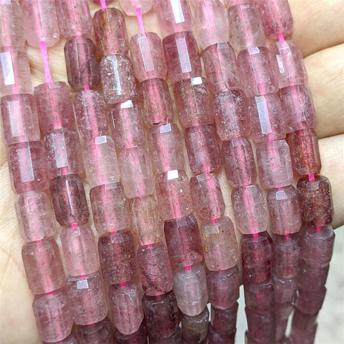 Natural Pink Strawberry Quartz Tube Beads Faceted