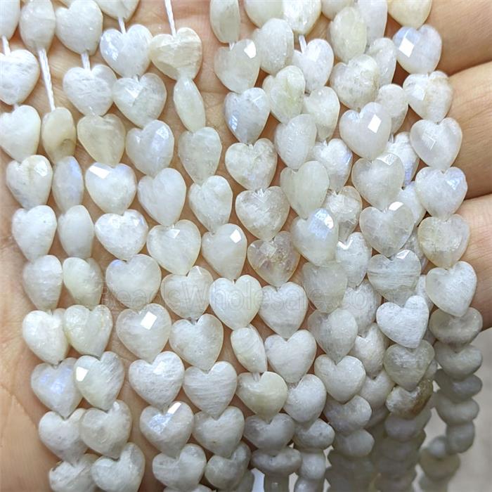 Natural White Moonstone Heart Beads Faceted Blue Flash