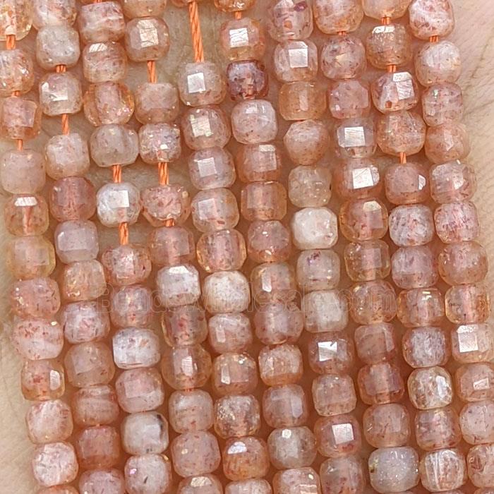 Natural Orange Sunstone Beads Faceted Cube