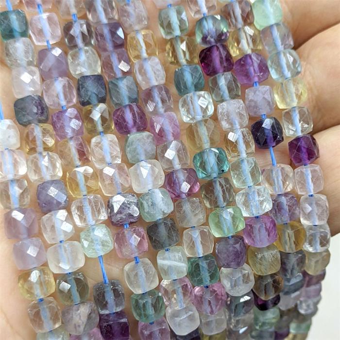 Natural Fluorite Beads Multicolor Faceted Cube
