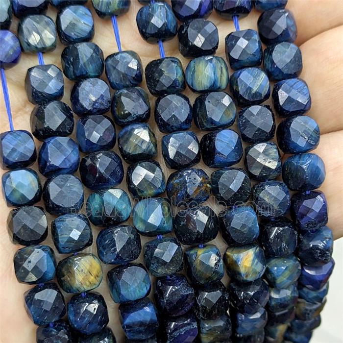 Natural Tiger Eye Beads Blue Dye Faceted Cube