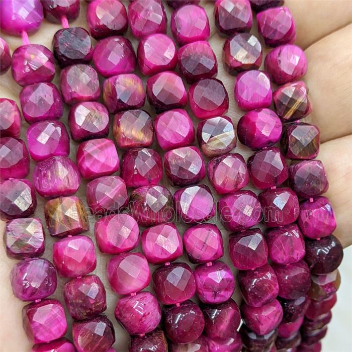 Natural Tiger Eye Beads Hotpink Dye Faceted Cube