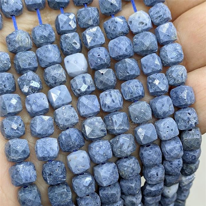 Blue Coral Fossil Beads Faceted Cube