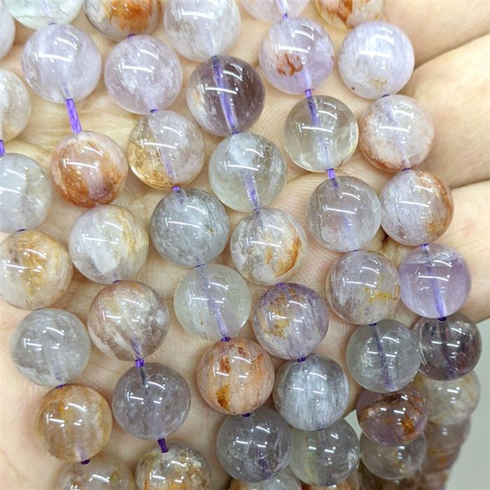 Natural Phantom Quartz Beads Purple Smooth Round