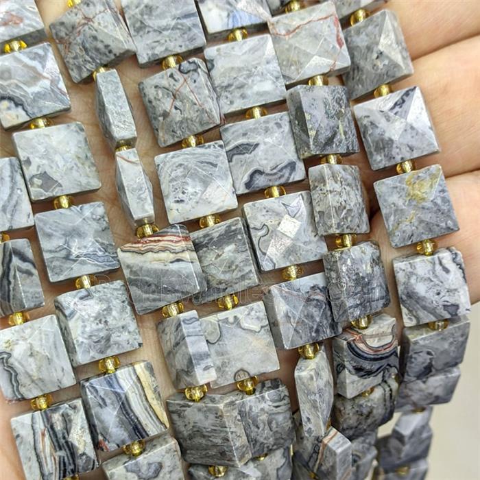Gray Map Jasper Square Beads Faceted