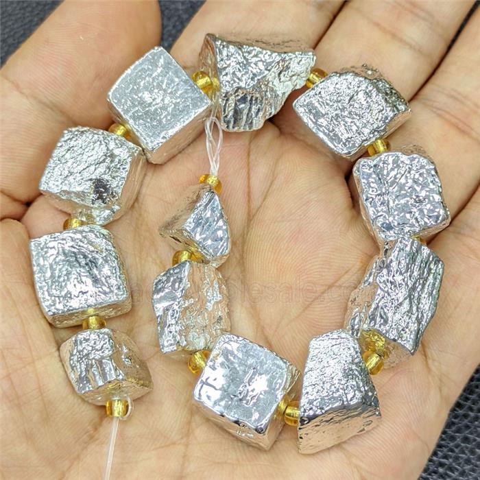 Natural Pyrite Nugget Beads Freeform Shiny Silver Electroplated