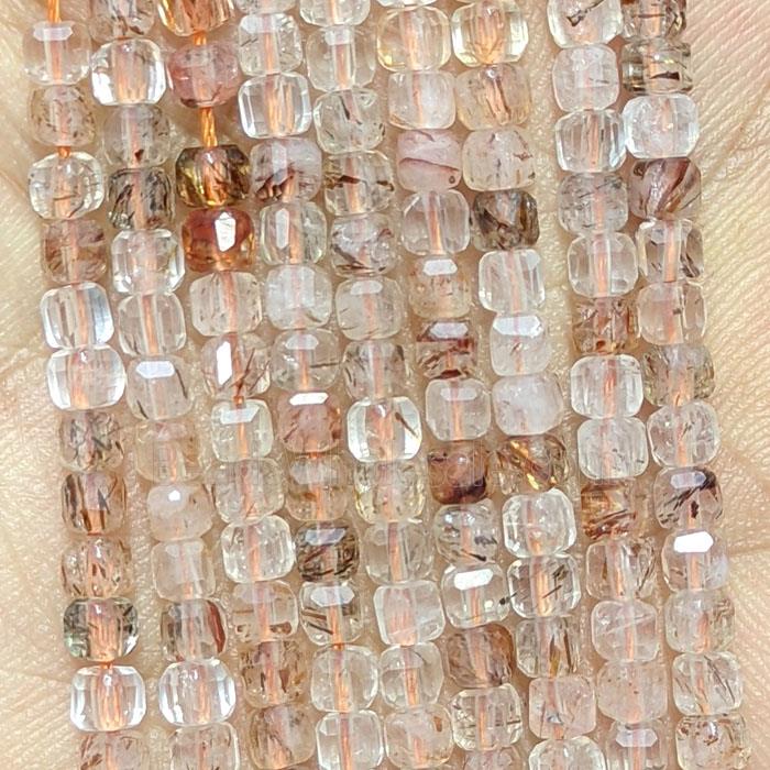 Natural Red Rutilated Quartz Cube Beads Faceted