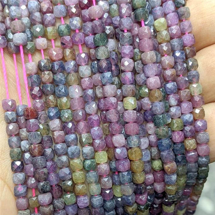 Natural Ruby And Sapphire Beads Faceted Cube Multicolor