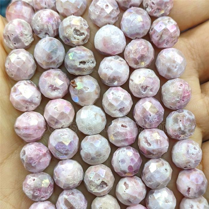 Natural Agate Geode Beads Faceted Round Pink Electroplated