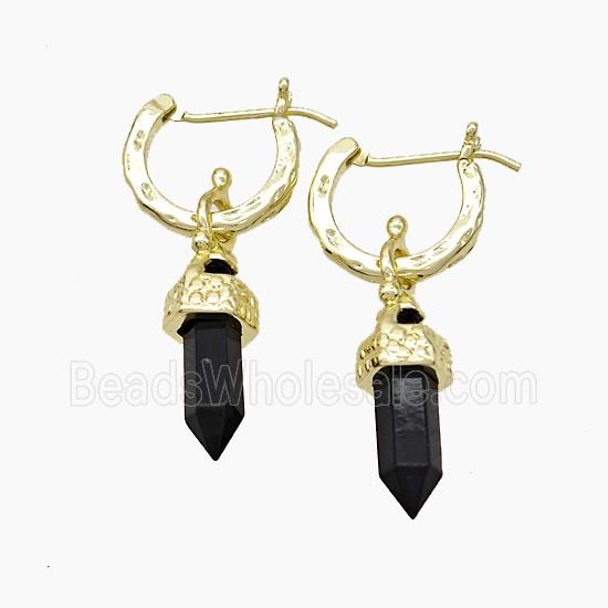 Copper Leaveback Earrings With Black Obsidian Prism Gold Plated