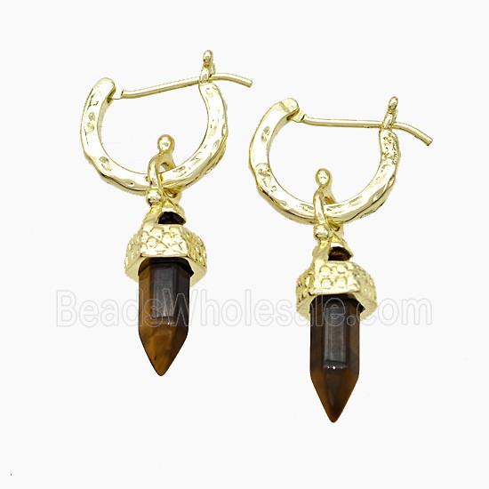 Copper Leaveback Earrings With Tiger Eye Stone Gold Plated