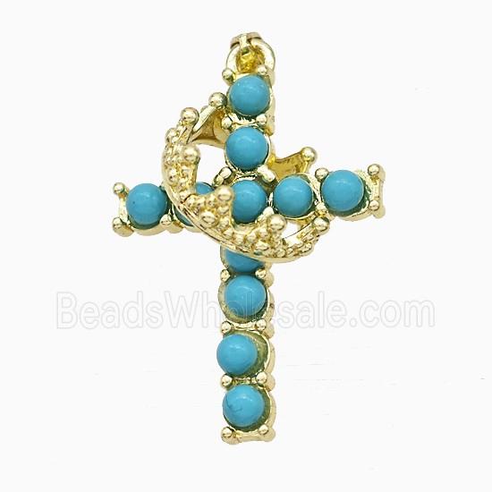 Copper Crown Cross Pendant Pave Blue Synthetic Turquoise Gold Plated