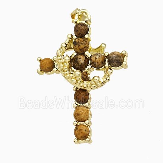 Copper Crown Cross Pendant Pave Picture Jasper Gold Plated