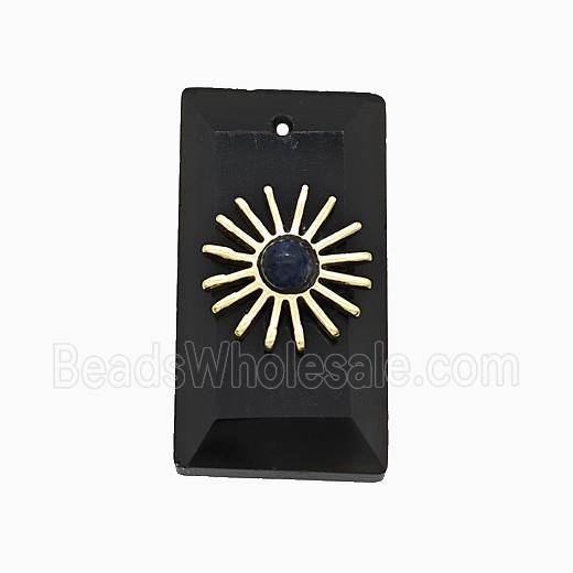 Black Obsidian Rectangle Pendant With Copper Sun Gold Plated