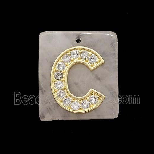 Rose Quartz Square Pendant With Copper Letter-C Pave Zirconia Gold Plated