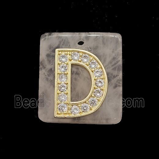 Rose Quartz Square Pendant With Copper Letter-D Pave Zirconia Gold Plated