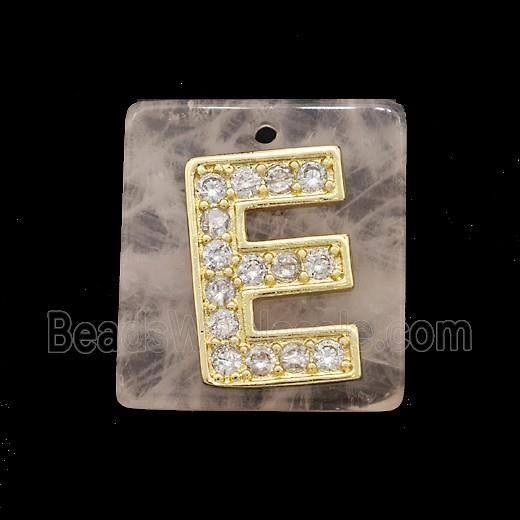 Rose Quartz Square Pendant With Copper Letter-E Pave Zirconia Gold Plated