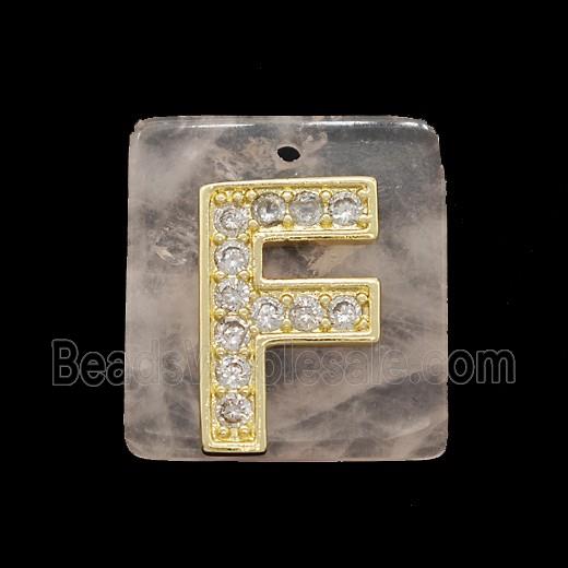 Rose Quartz Square Pendant With Copper Letter-F Pave Zirconia Gold Plated