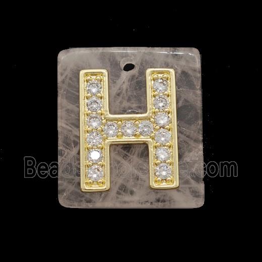 Rose Quartz Square Pendant With Copper Letter-H Pave Zirconia Gold Plated