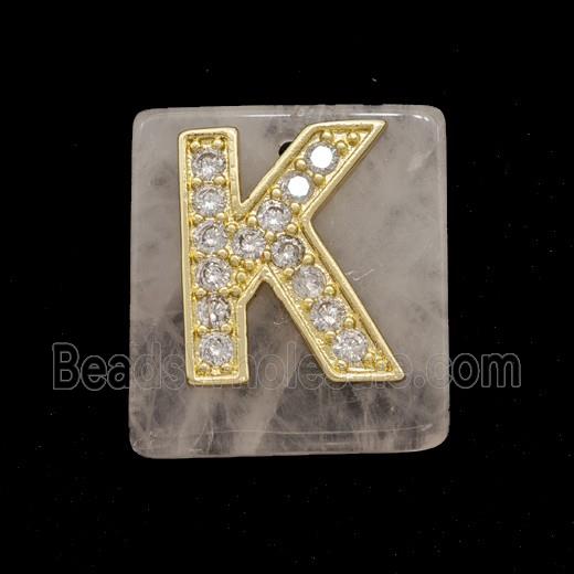 Rose Quartz Square Pendant With Copper Letter-K Pave Zirconia Gold Plated