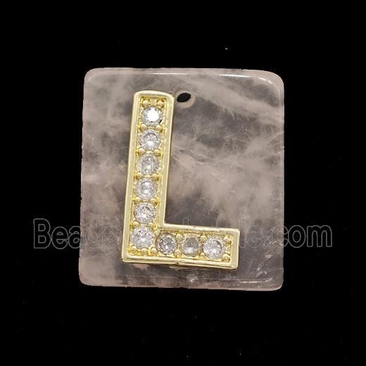 Rose Quartz Square Pendant With Copper Letter-L Pave Zirconia Gold Plated