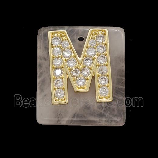 Rose Quartz Square Pendant With Copper Letter-M Pave Zirconia Gold Plated