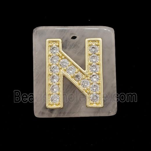 Rose Quartz Square Pendant With Copper Letter-N Pave Zirconia Gold Plated
