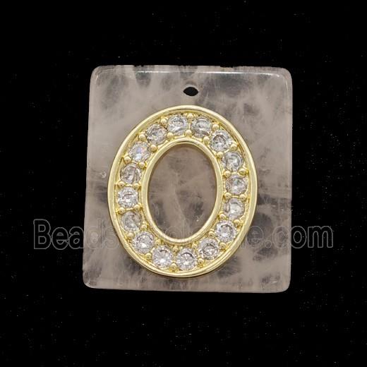 Rose Quartz Square Pendant With Copper Letter-O Pave Zirconia Gold Plated