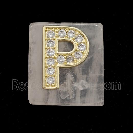 Rose Quartz Square Pendant With Copper Letter-P Pave Zirconia Gold Plated