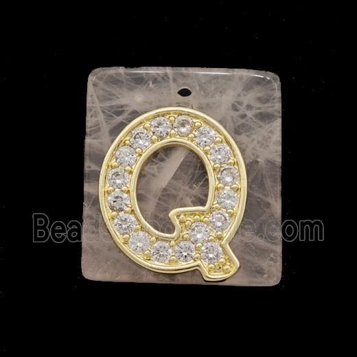 Rose Quartz Square Pendant With Copper Letter-Q Pave Zirconia Gold Plated