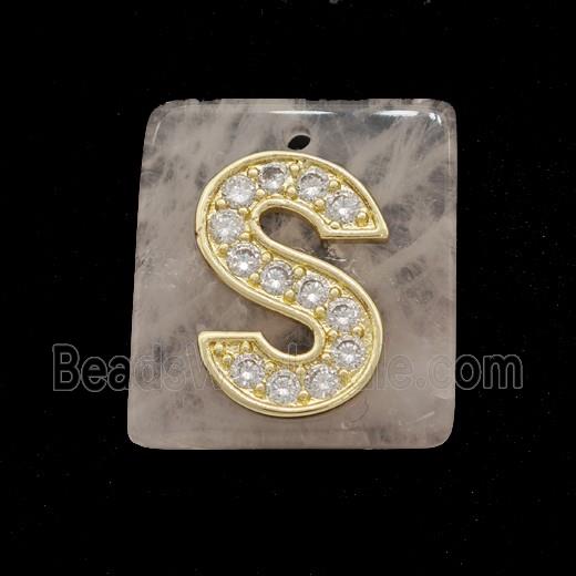 Rose Quartz Square Pendant With Copper Letter-S Pave Zirconia Gold Plated