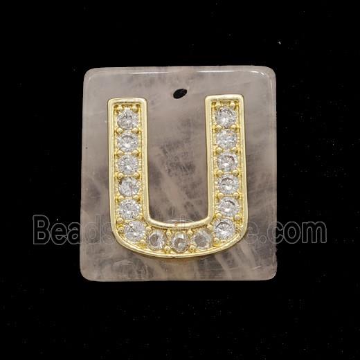 Rose Quartz Square Pendant With Copper Letter-U Pave Zirconia Gold Plated