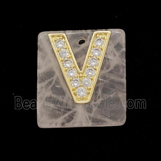 Rose Quartz Square Pendant With Copper Letter-V Pave Zirconia Gold Plated
