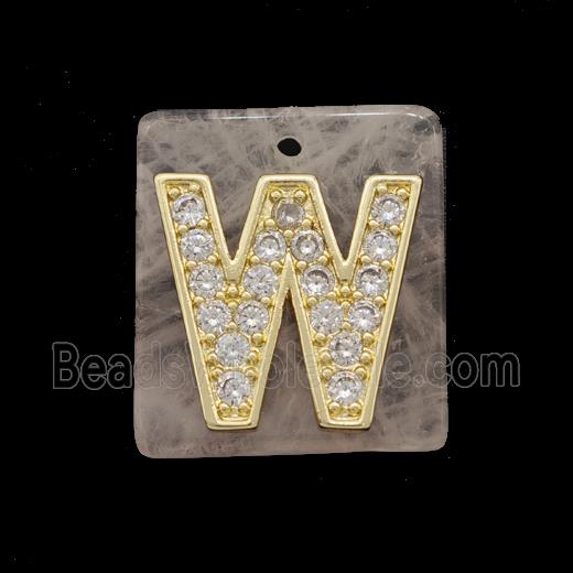 Rose Quartz Square Pendant With Copper Letter-W Pave Zirconia Gold Plated