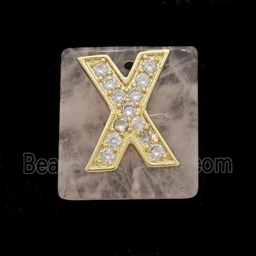 Rose Quartz Square Pendant With Copper Letter-X Pave Zirconia Gold Plated