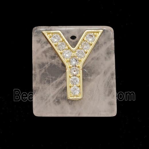 Rose Quartz Square Pendant With Copper Letter-Y Pave Zirconia Gold Plated