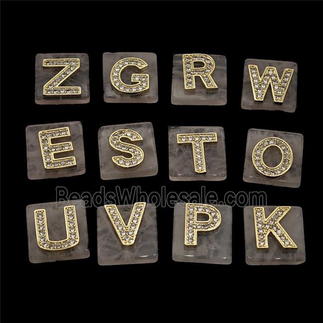 Rose Quartz Square Pendant With Copper Letter Pave Zirconia Gold Plated Mixed