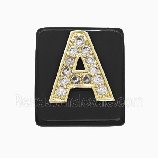 Black Obsidian Square Pendant With Copper Letter-A Pave Zirconia Gold Plated