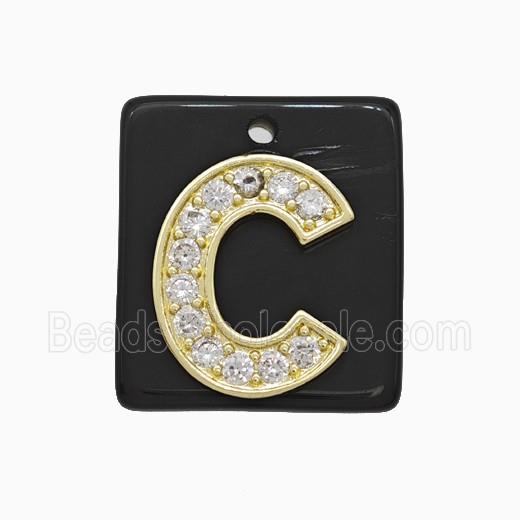 Black Obsidian Square Pendant With Copper Letter-C Pave Zirconia Gold Plated